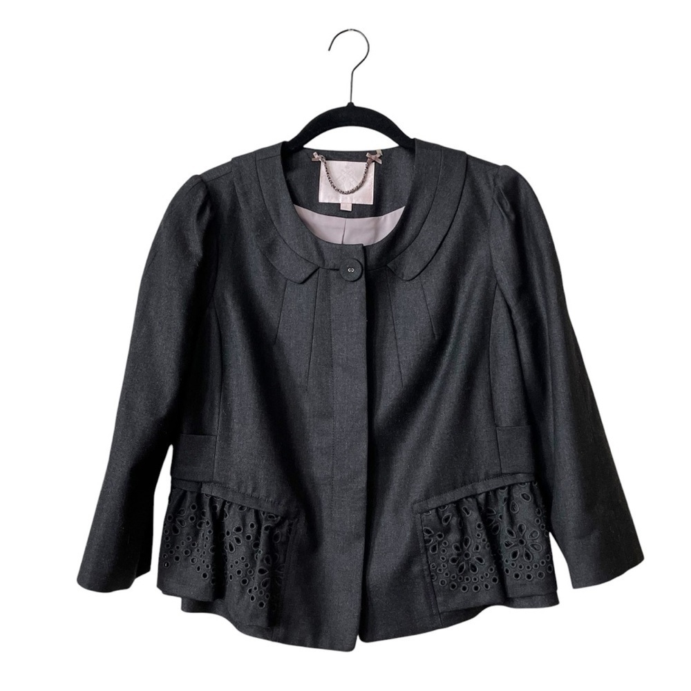Rebecca Taylor Blazer Womens Size 8 Gray Wool Cropped Peplum Eyelet Stretch Work